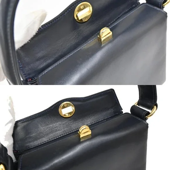 GUCCI Logo Shoulder Hand Bag Leather Navy Blue GHW Italy 35KB070